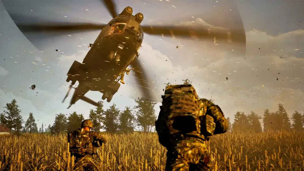 Graj za darmo na PS5. Taktyczny FPS na 100 osób do sprawdzenia Screen z gry Squad na PS5. Na obrazku dwóch żołnierzy oraz helikopter.